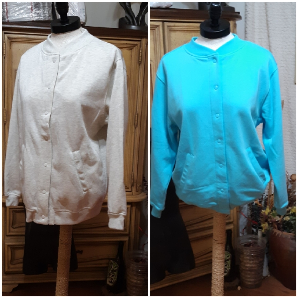 BLAIR Snap Up Sweater Jacket B28 Petite Small Gray White Teal Blue Long Sleeve
